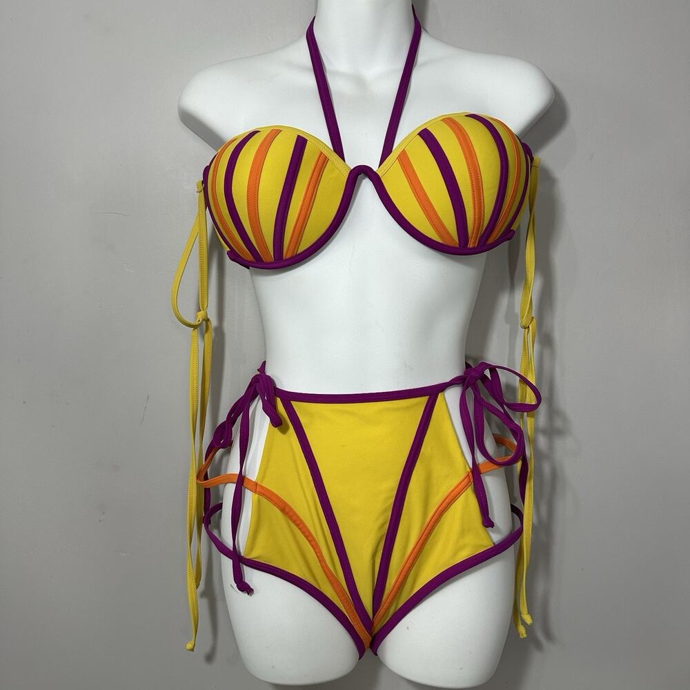 Andrea Iyamah Bikini Womens Yellow High Rise Sz XL Swimsuit Cut Out Resort Vacay - Picture 12 of 13